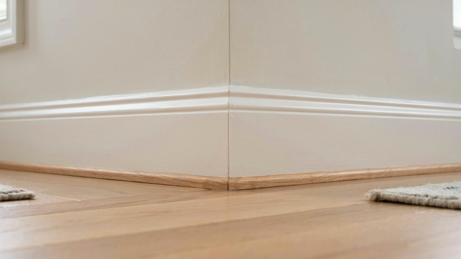 Split baseboard comparison showing glossy oil based finish and smooth water based satin finish in clean indoor lighting.