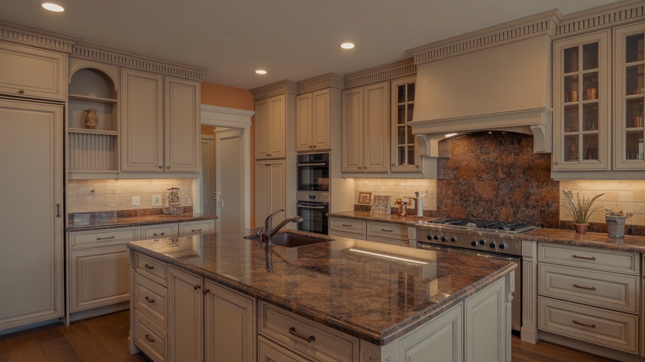 Revere Pewter cabinets complementing brown granite countertops with warm undertones.