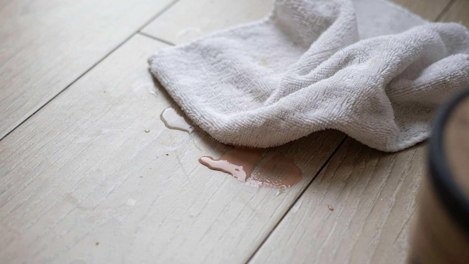 Damp cloth softening dried paint on a vinyl floor