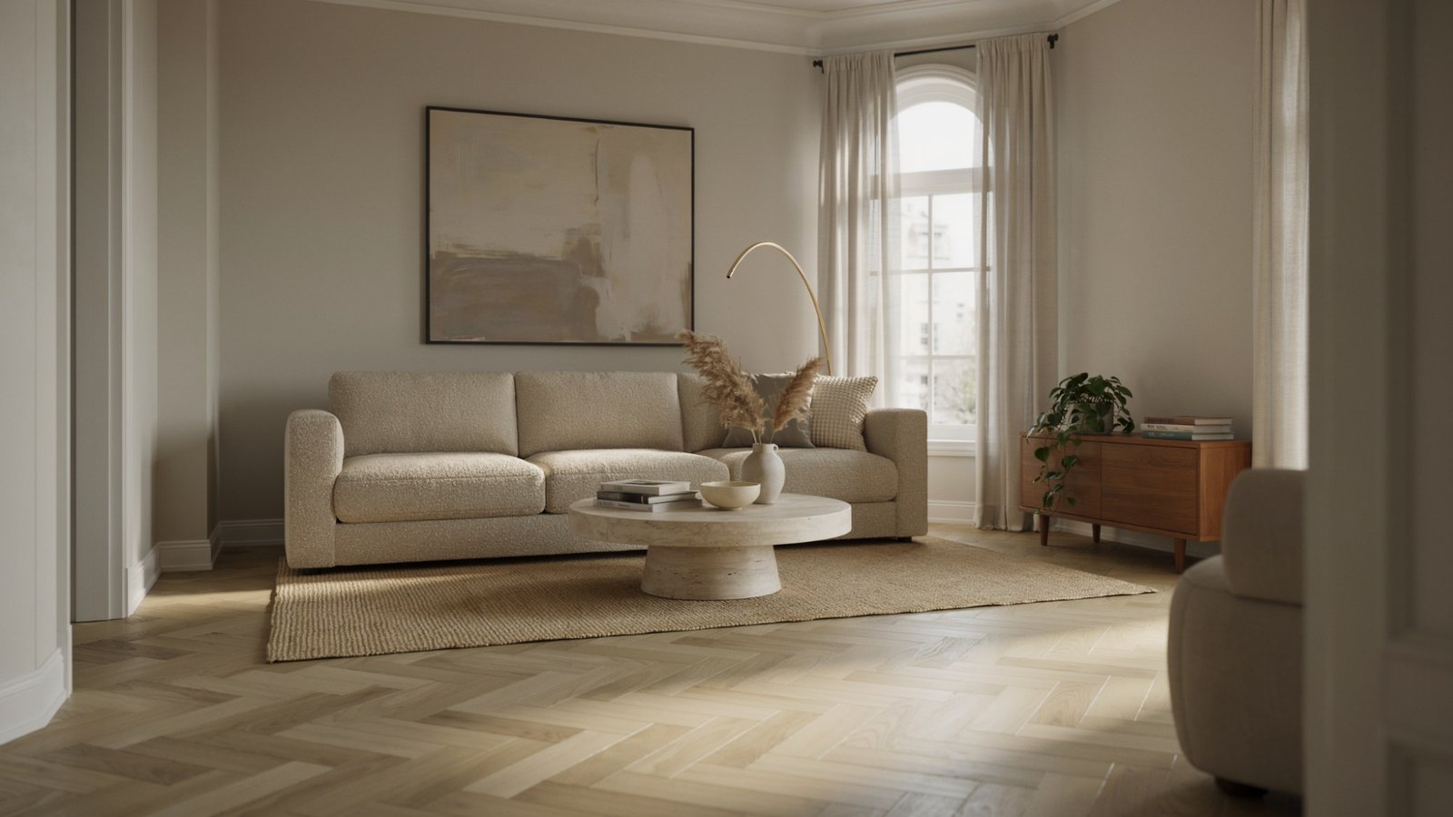 Revere Pewter walls with light oak wood floors in a modern living room