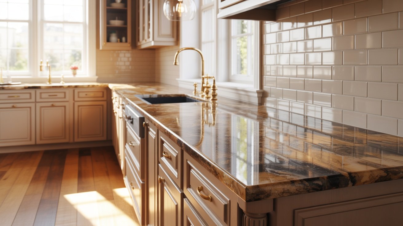 Natural Linen cabinets paired with honey-toned brown granite countertops.