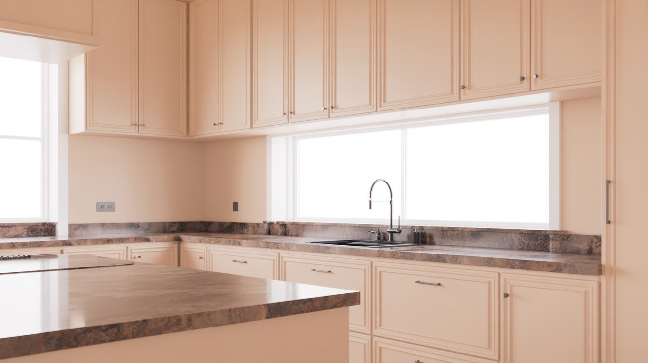 Shoji White kitchen cabinets paired with multi-toned brown granite countertops.