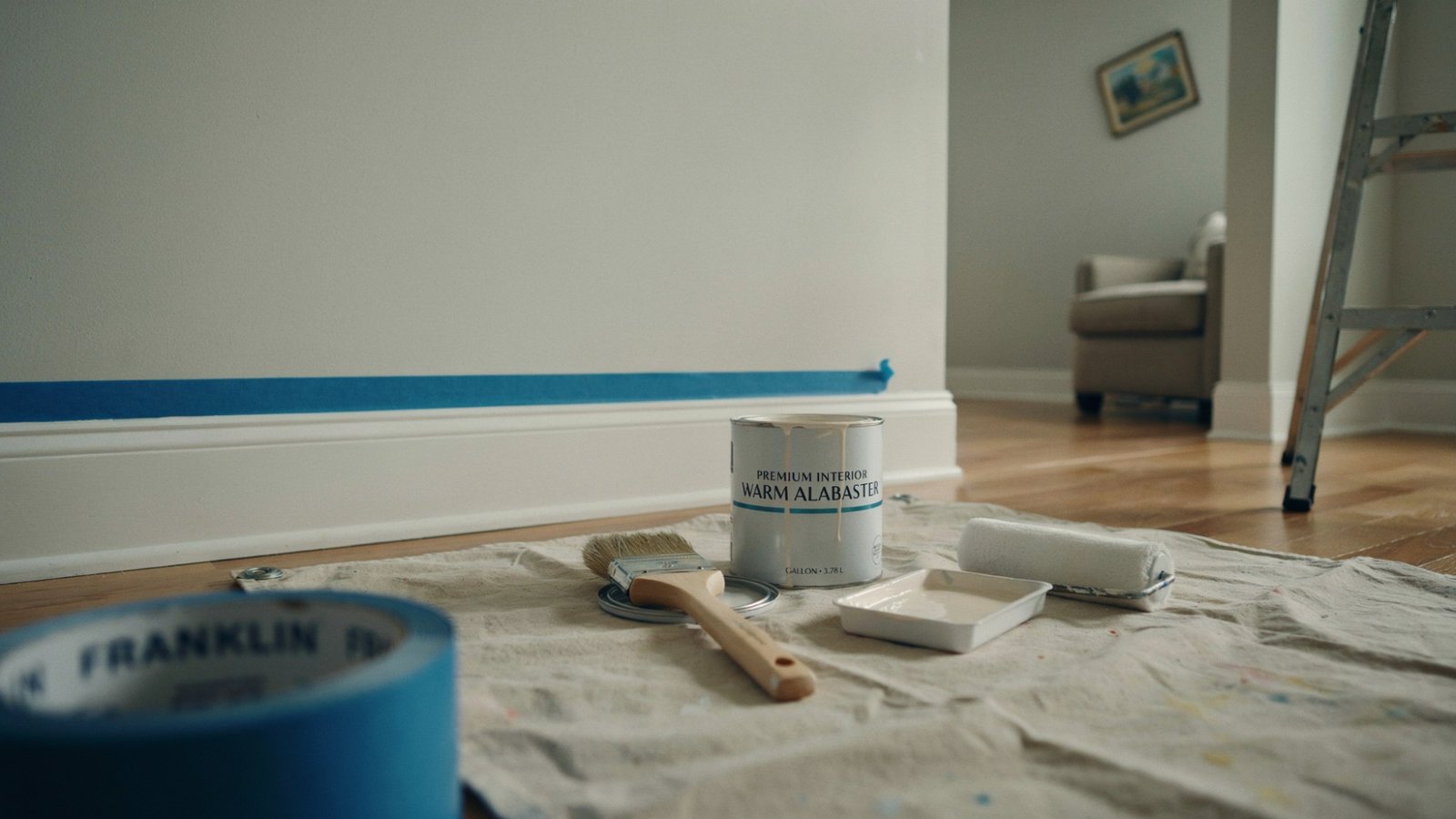 Baseboards with taped edges and protected floor showing smooth paint preparation setup in clean indoor workspace.