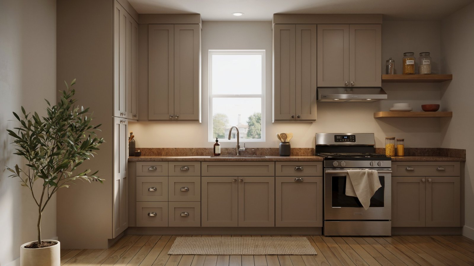 Warm gray paint complementing brown granite countertops.