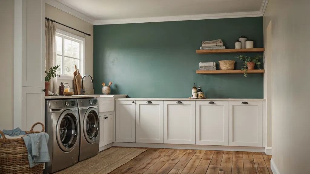 Laundry room with Evergreens green accent wall and farmhouse decor