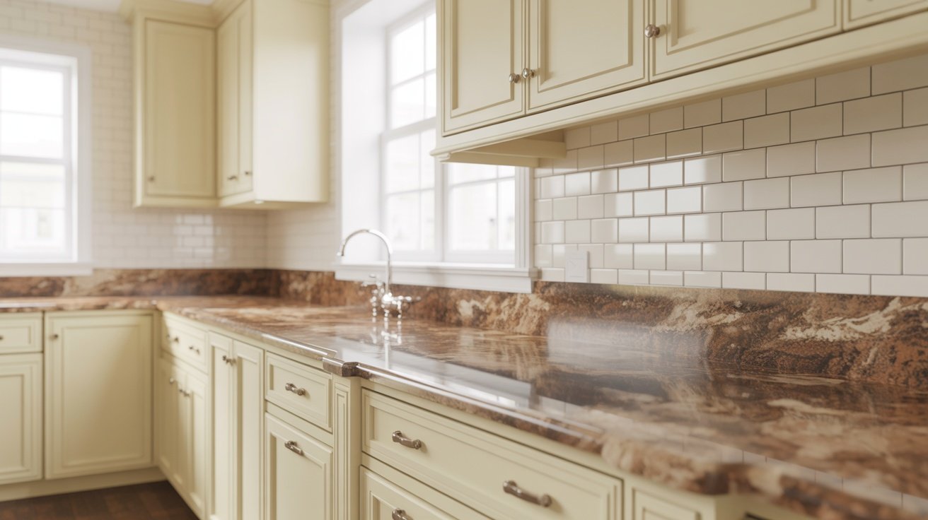 White Dove kitchen cabinets paired with brown granite countertops in a bright transitional kitchen.