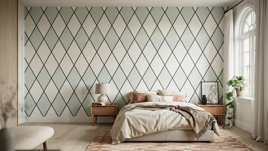 Decorative diamond pattern wall with symmetrical painted shapes creating a stylish feature wall design.