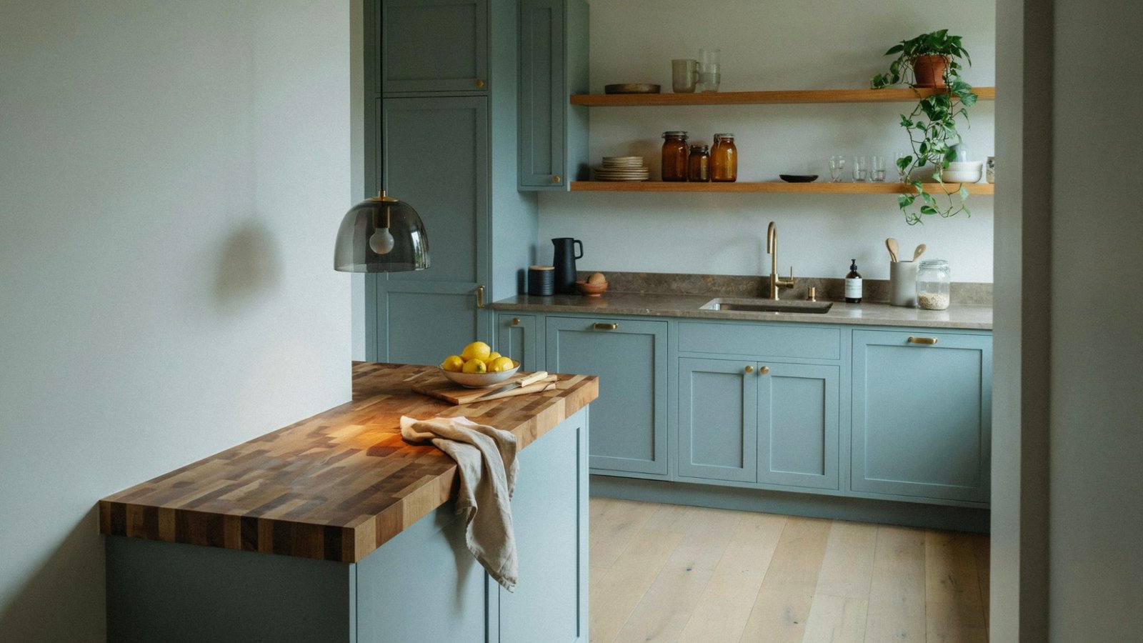 Muted blue-green wall color used with brown granite countertops.