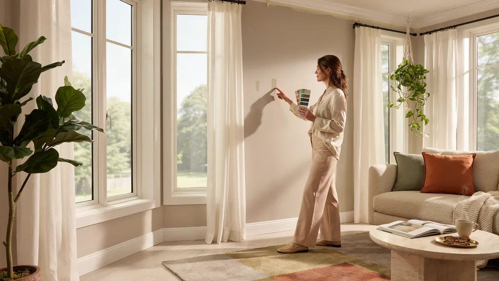 Homeowner comparing paint color samples in a bright sunroom filled with natural sunlight streaming through large windows.