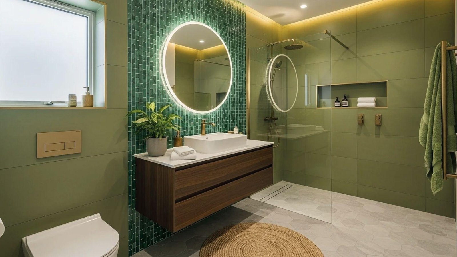 Modern spa bathroom with sage green panels, mosaic green tile, backlit mirror, and gold faucet.