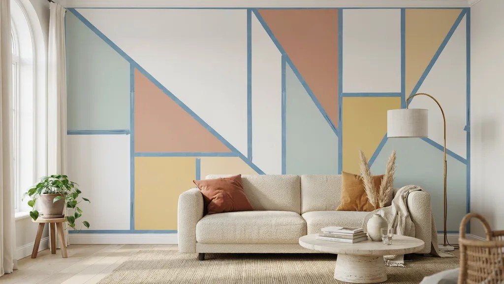 Stylish room featuring creative wall paint designs made with painter's tape for an affordable DIY makeover.