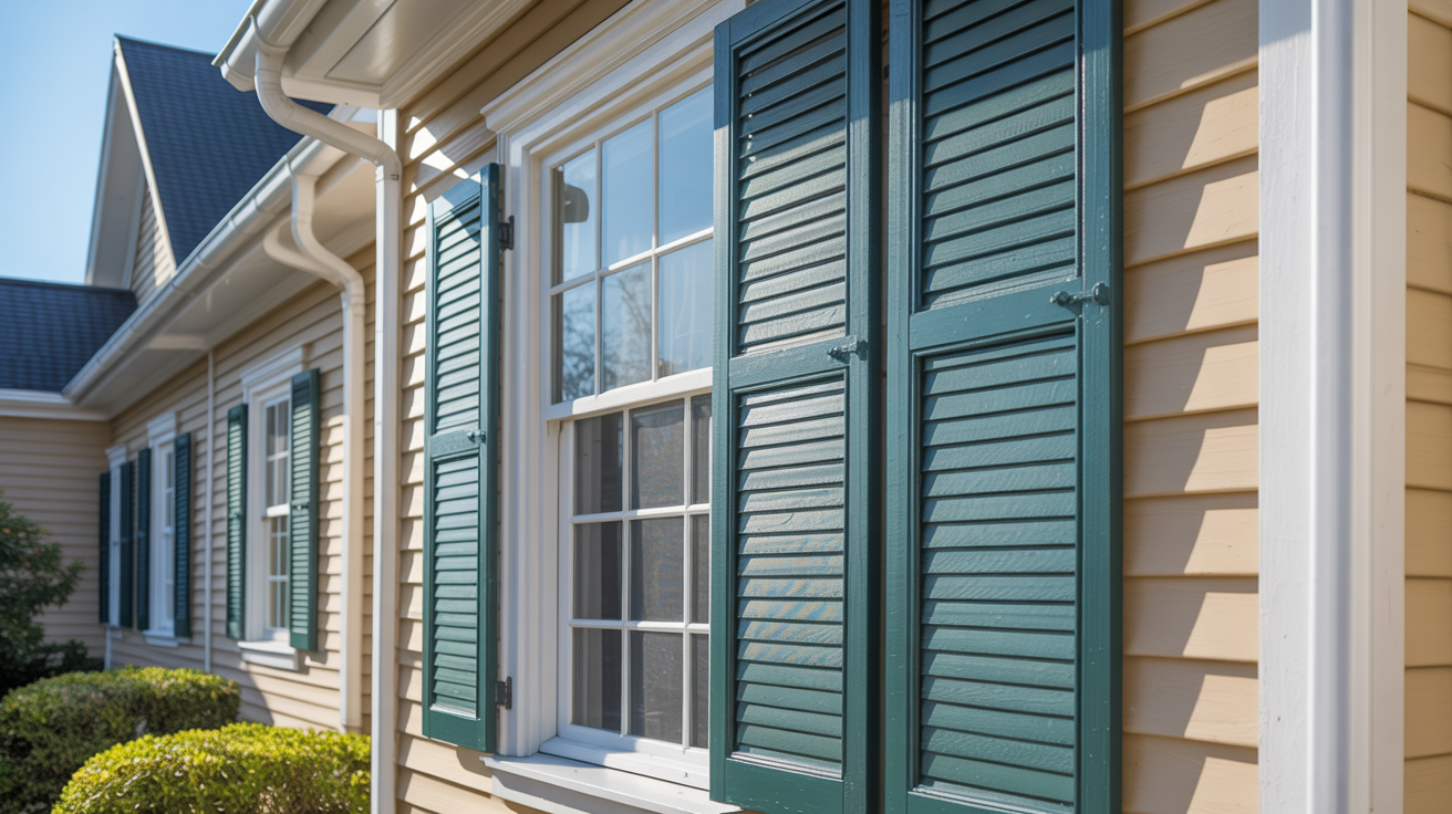 Freshly painted house shutters drying after the final coat with a smooth finished appearance.