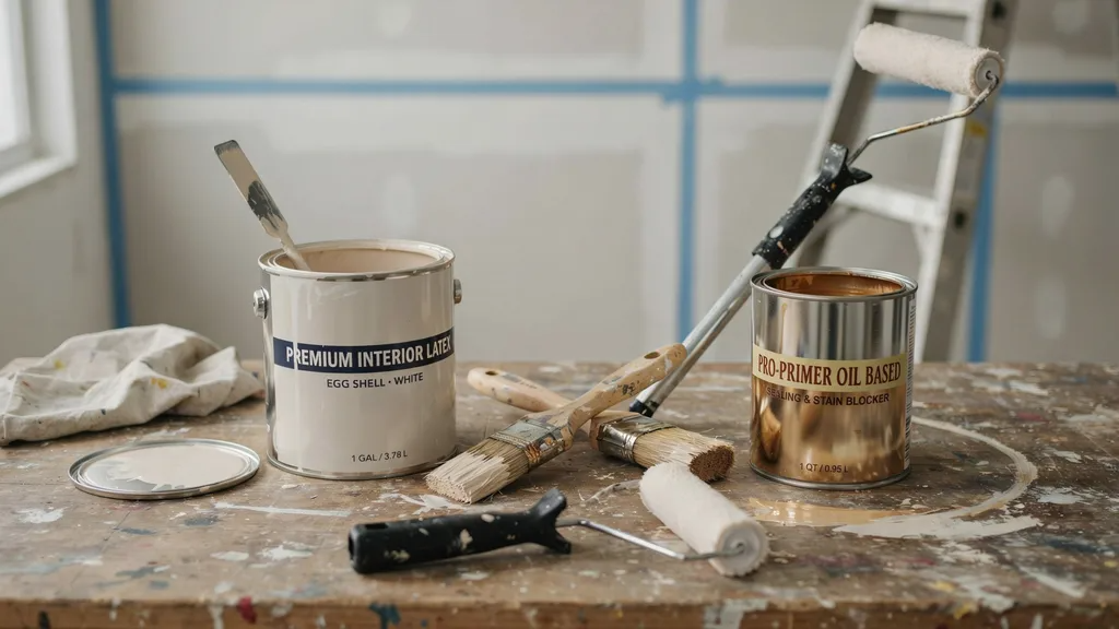 Water-based paint and oil-based primer displayed side by side with painting tools.
