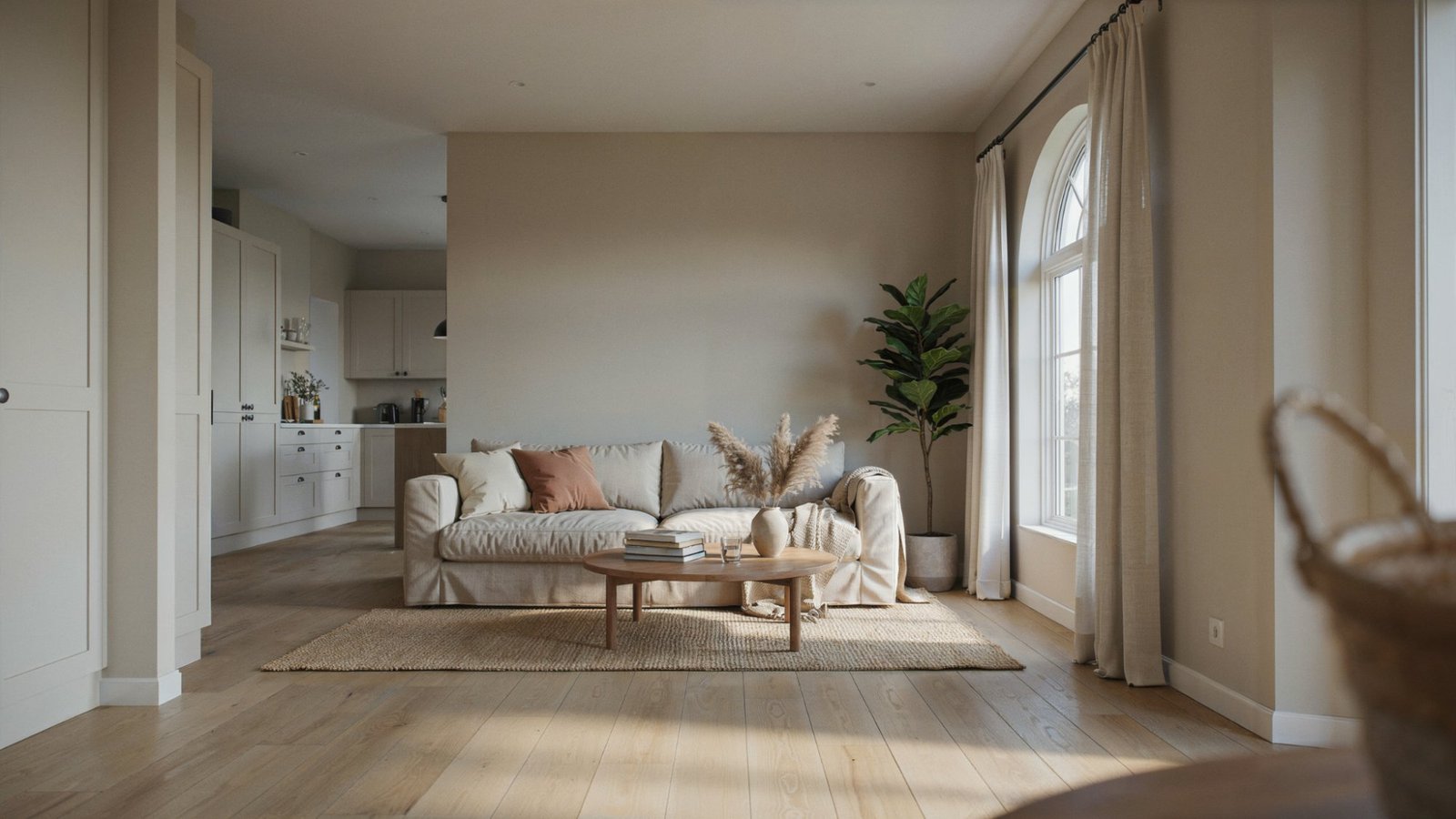 Accessible Beige walls complementing light wood floors.