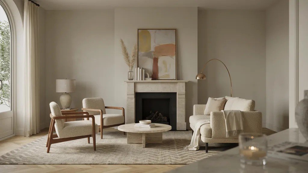 Soft greige fireplace accent wall offering timeless style and versatile neutral appeal.