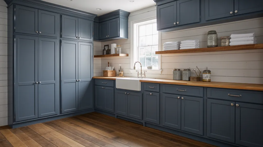 Farmhouse laundry room with Cyberspace navy-gray cabinetry