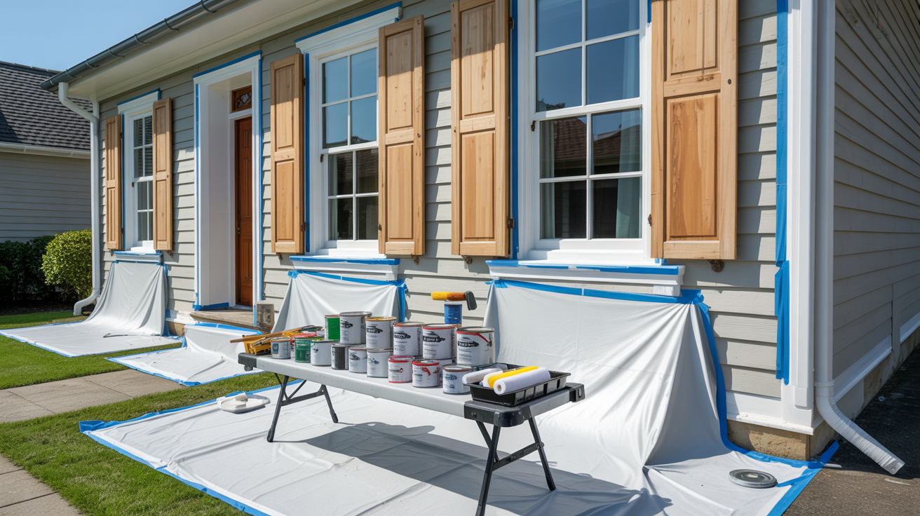 Drop cloths and painter's tape protecting a home's siding and windows before painting shutters.