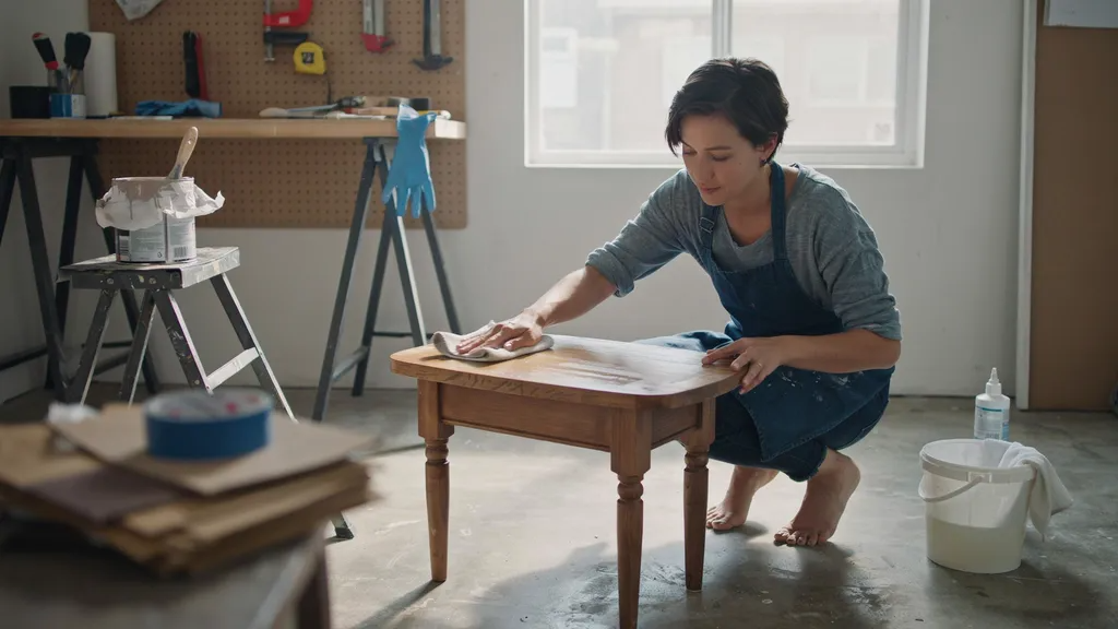 Cleaning a wooden table before applying chalk paint.