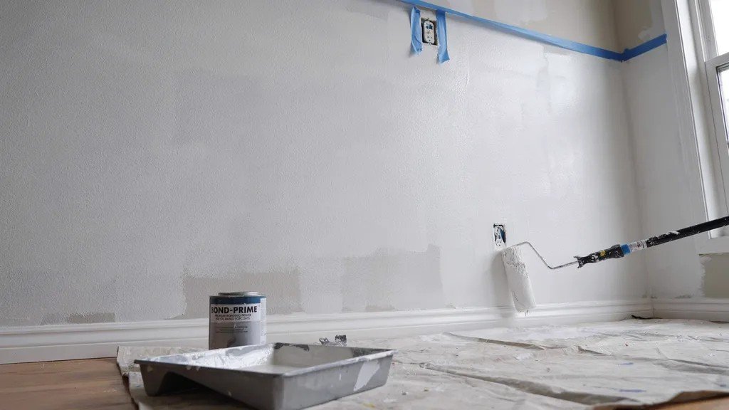 Wall coated with bonding primer in smooth even layer creating strong base for applying oil based paint successfully.