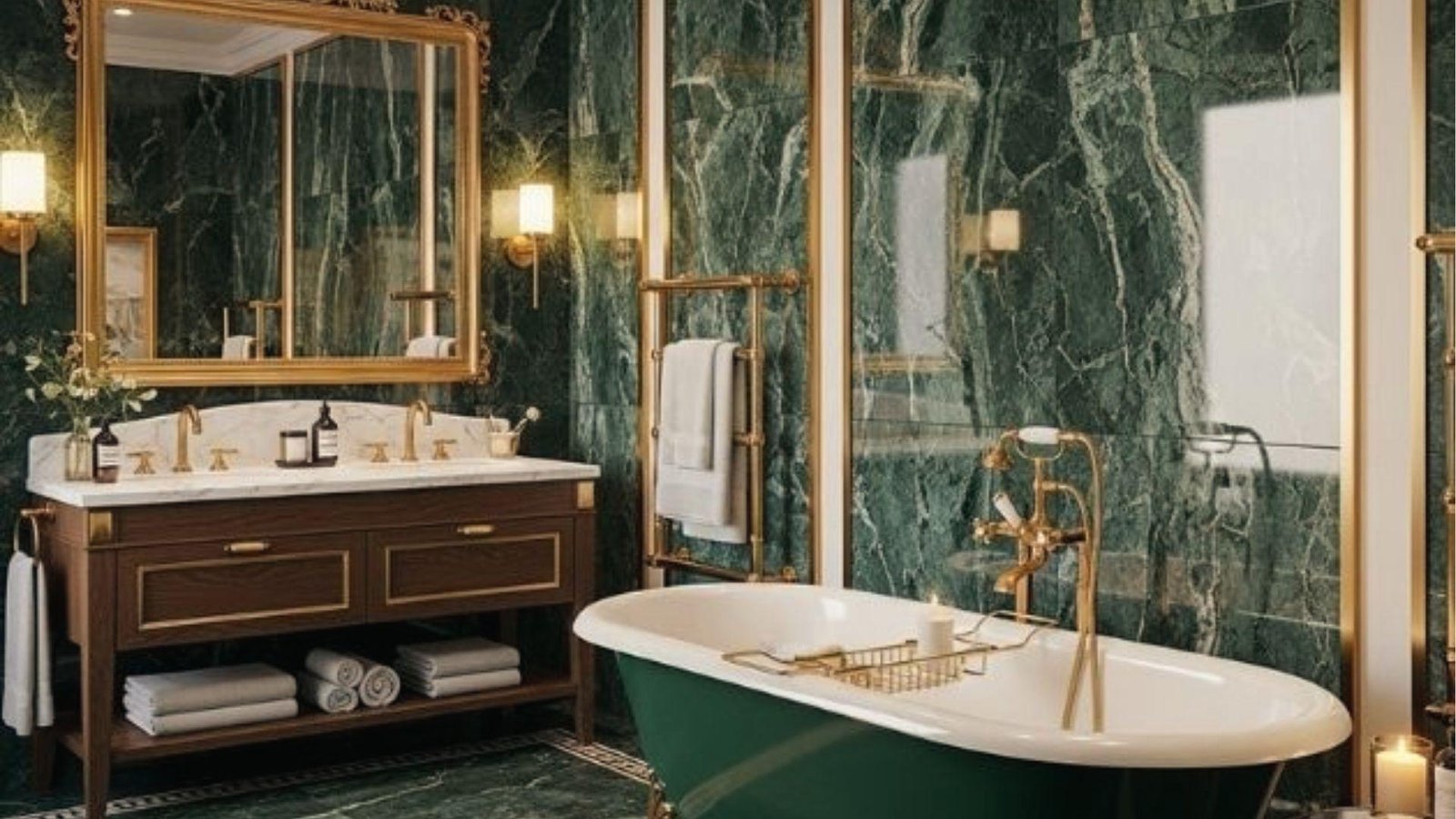 Luxe green marble bath with wood vanity, gold framed mirror, vintage tub, and candle lighting.