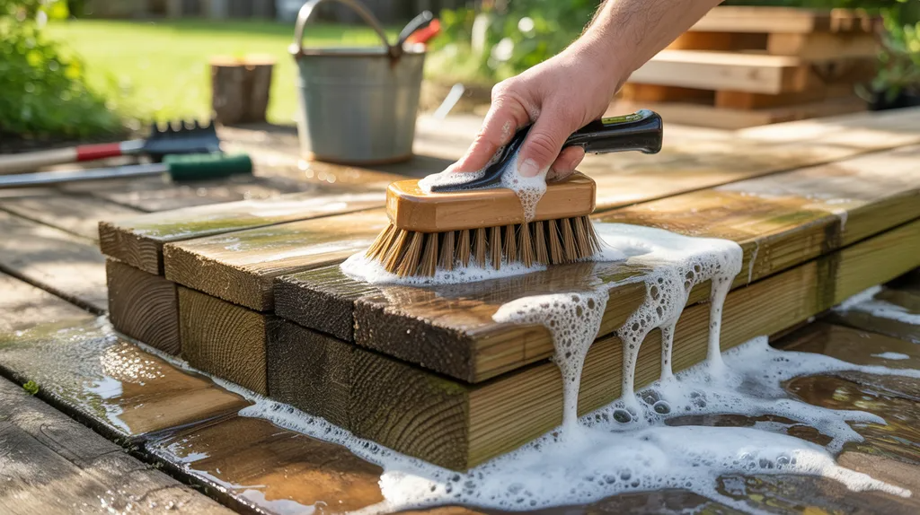 Homeowner scrubbing treated wood with a stiff brush to remove dirt and mildew before painting.