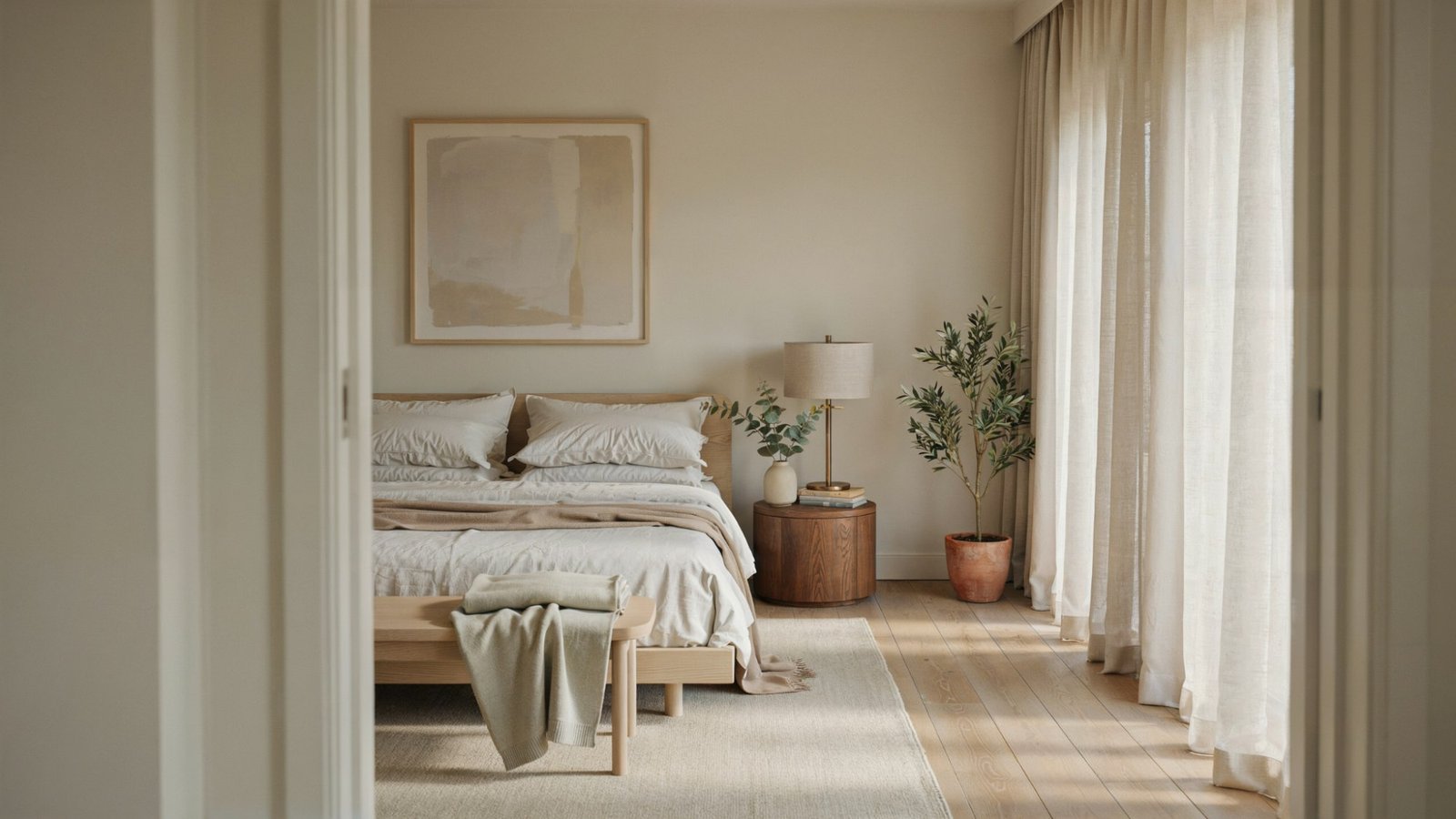 Bedroom with soft beige walls and light wood flooring.