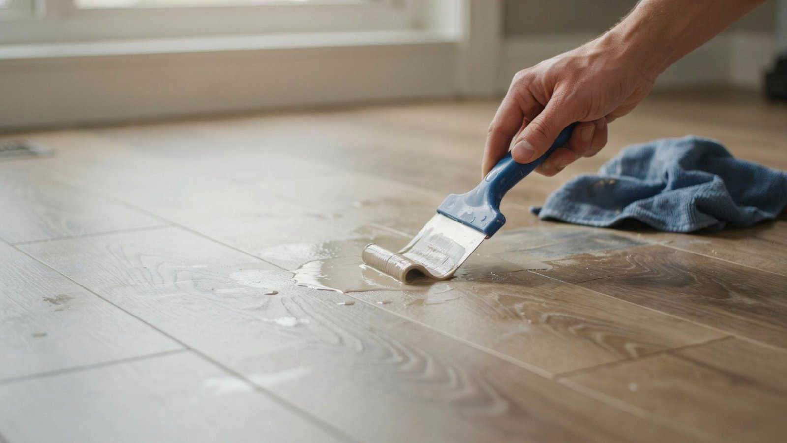 Plastic scraper removing paint from vinyl flooring.