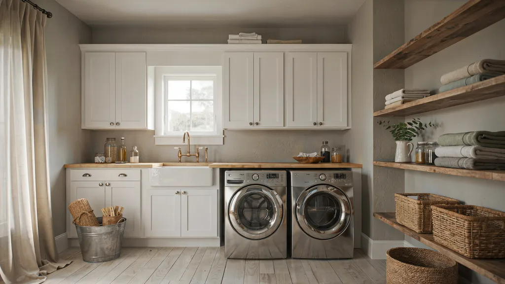 Farmhouse laundry room featuring Gray Huskie warm gray paint