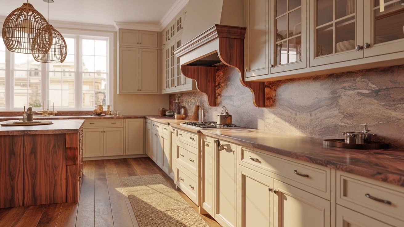 Swiss Coffee cabinets complementing warm brown granite countertops in a cozy kitchen.