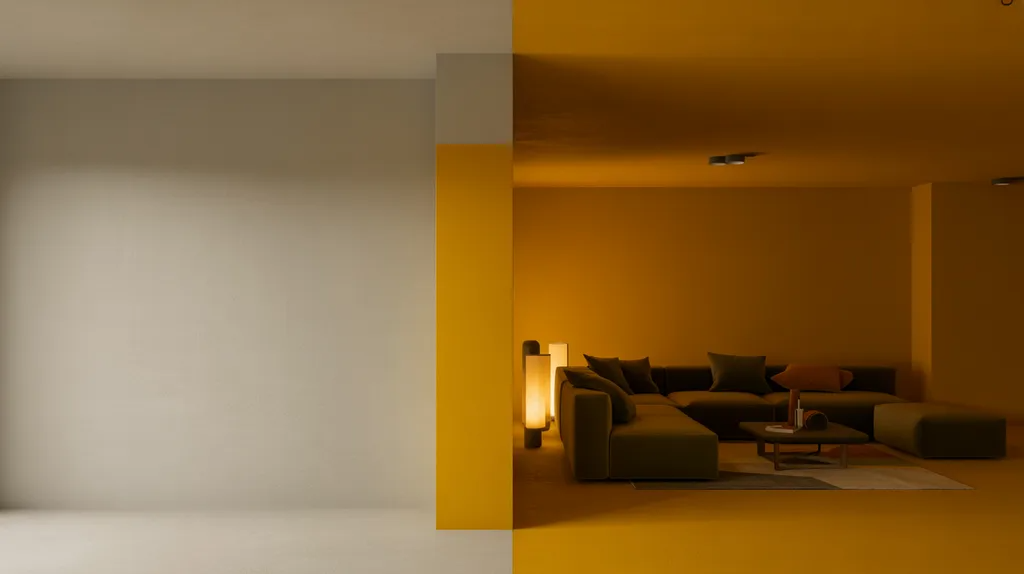 Mustard accent wall adding energy to basement.