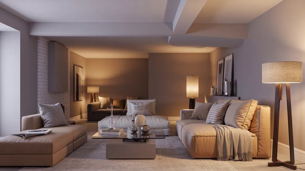 Basement living room with warm neutral tones creating a cozy and welcoming space.