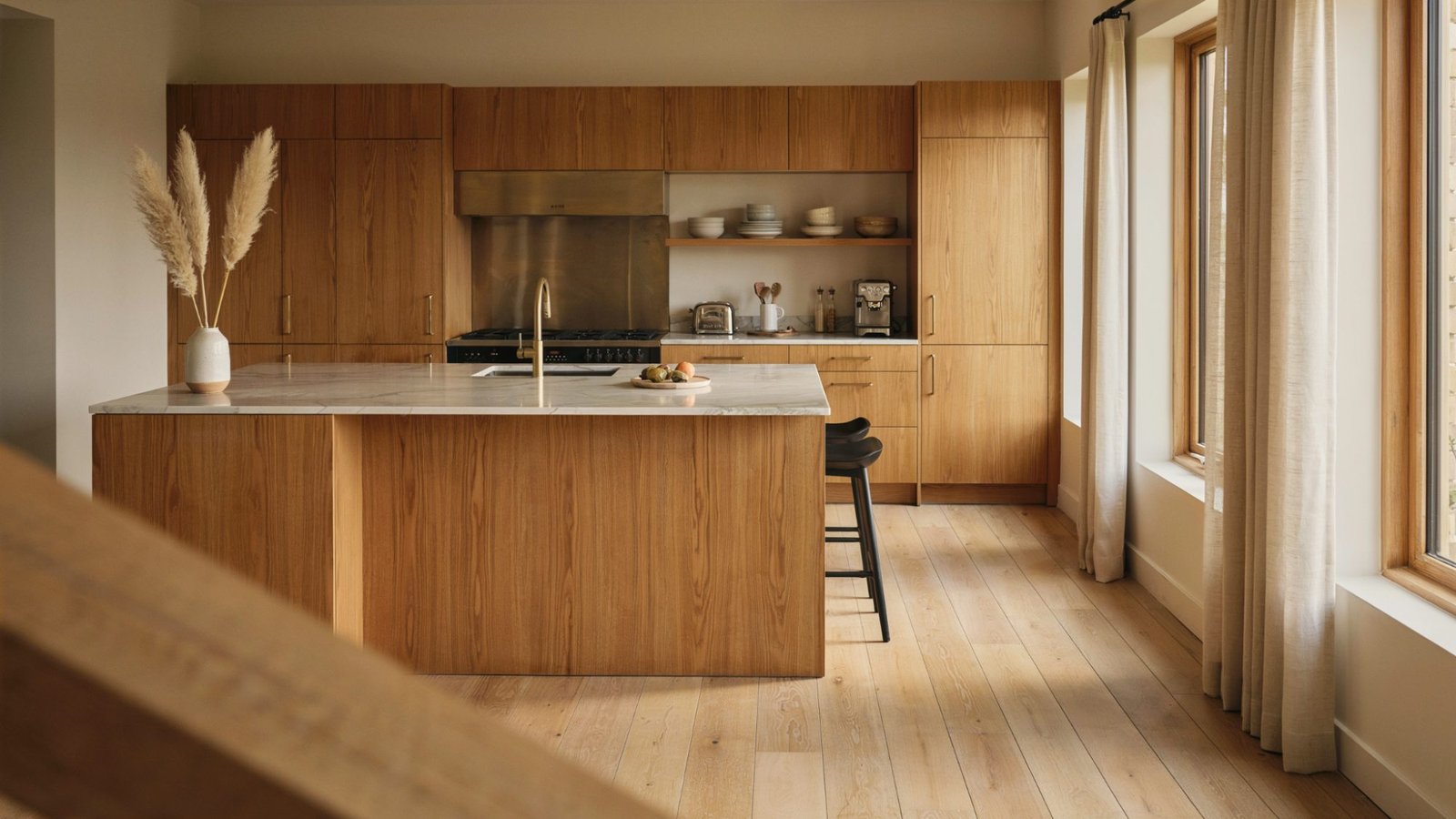 Oak kitchen cabinets paired with warm neutral wall colors.