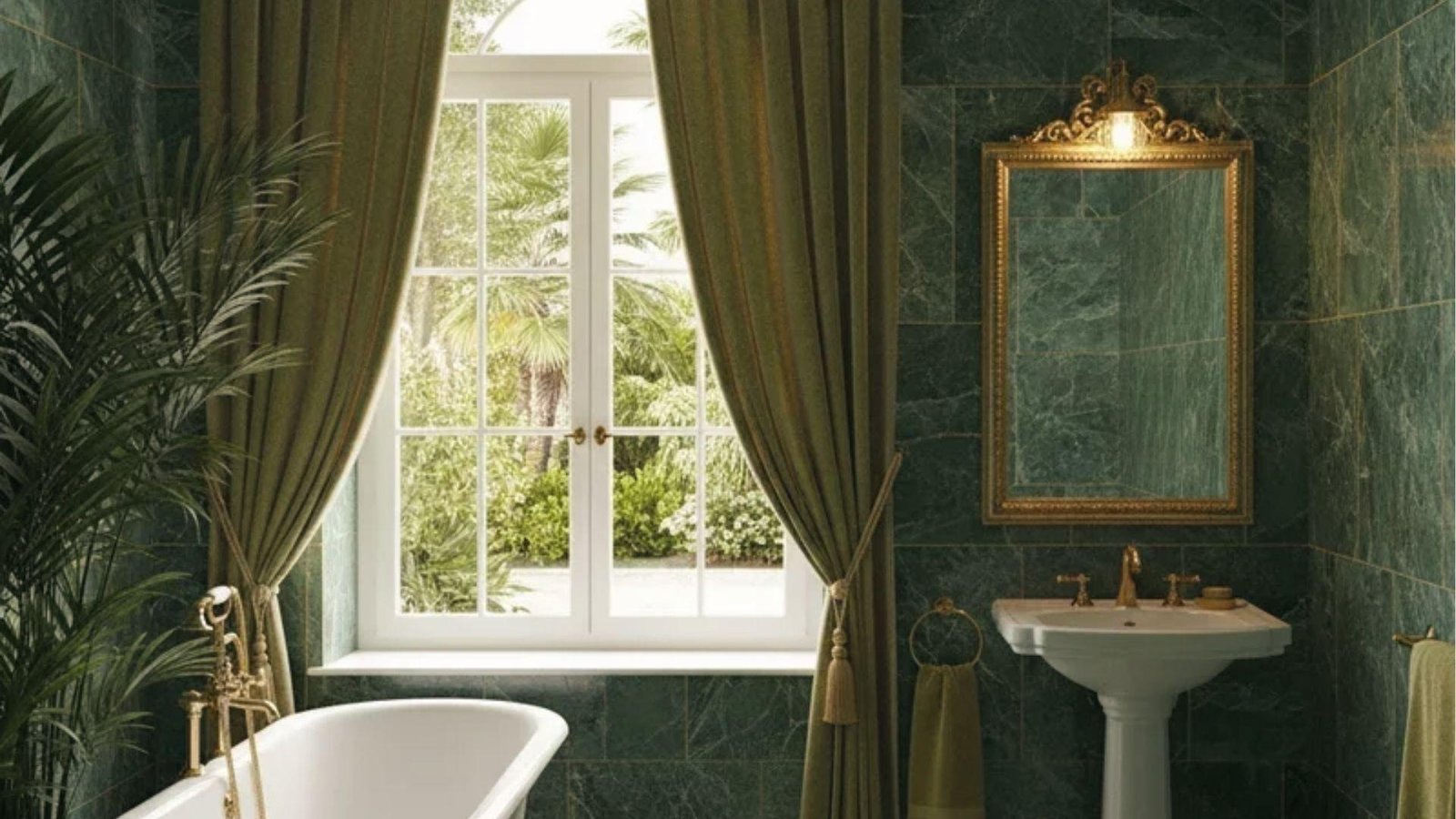 Classy marble bathroom with garden view, gold mirror, pedestal sink, and freestanding tub.