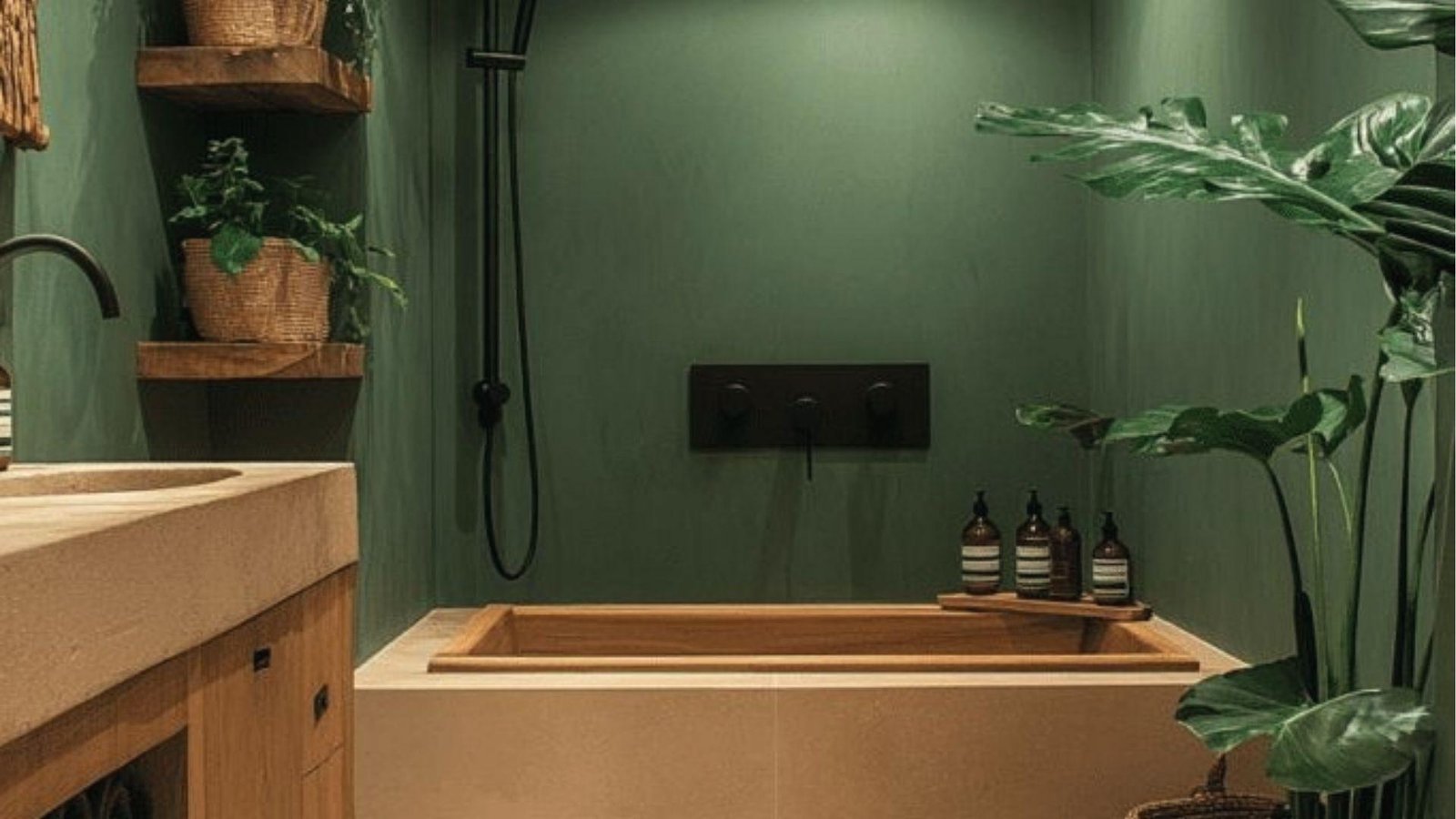 Spa-like green bathroom with wooden tub, stone sink, black fixtures, and tropical plants.