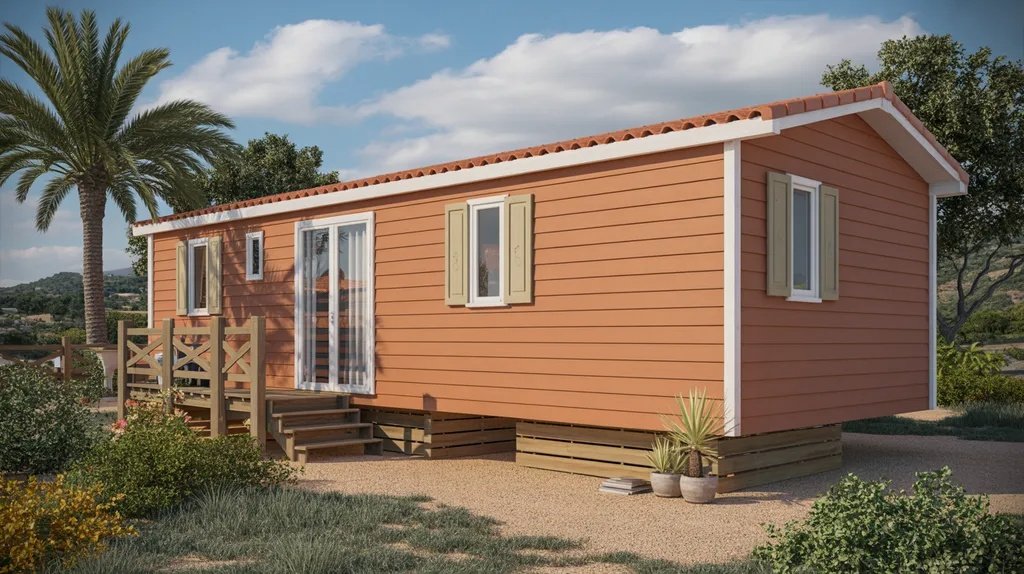 Terracotta mobile home with off-white trim giving a warm earthy exterior appearance.
