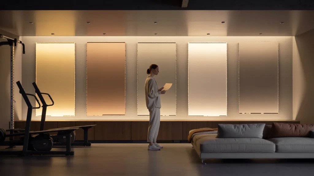 Basement interior showing paint swatches under warm lighting to demonstrate how color choice changes in different lighting conditions.