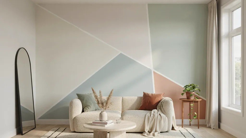 Modern geometric wall with painted triangles and squares created using painter's tape in a stylish living room.
