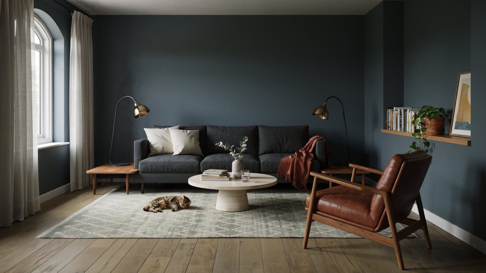 Dark-painted room with a smart furniture layout that maximizes openness.