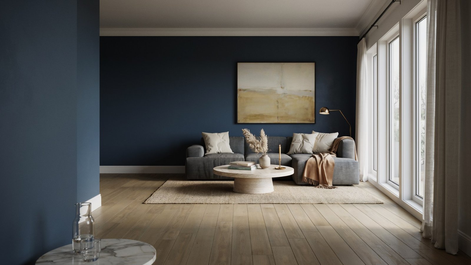 Hale Navy accent wall paired with light wood flooring.
