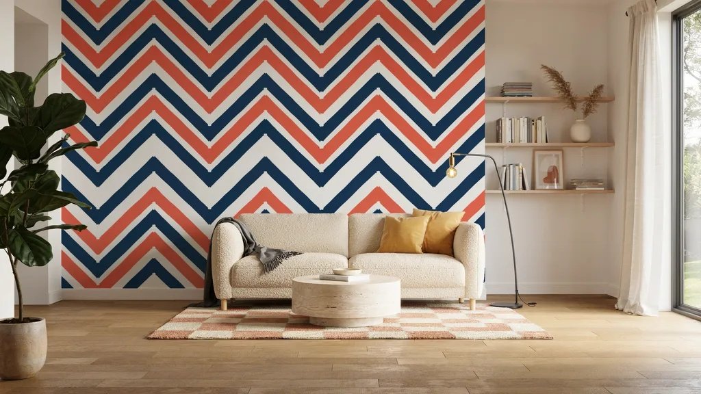 Chevron stripe wall with bold zigzag patterns painted using tape for a striking contemporary look.