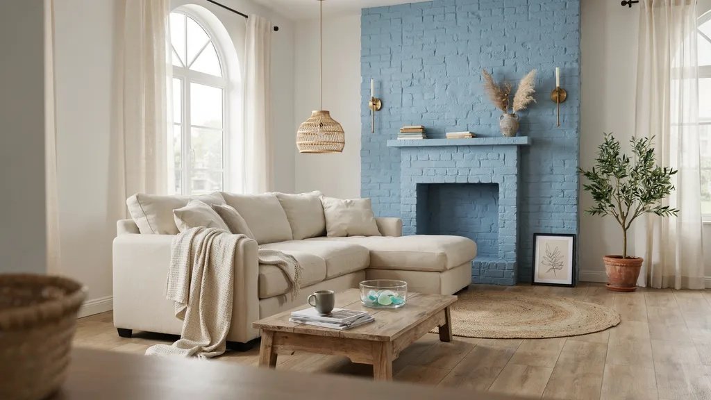Dusty blue fireplace accent wall creating a calm and relaxed living room atmosphere.