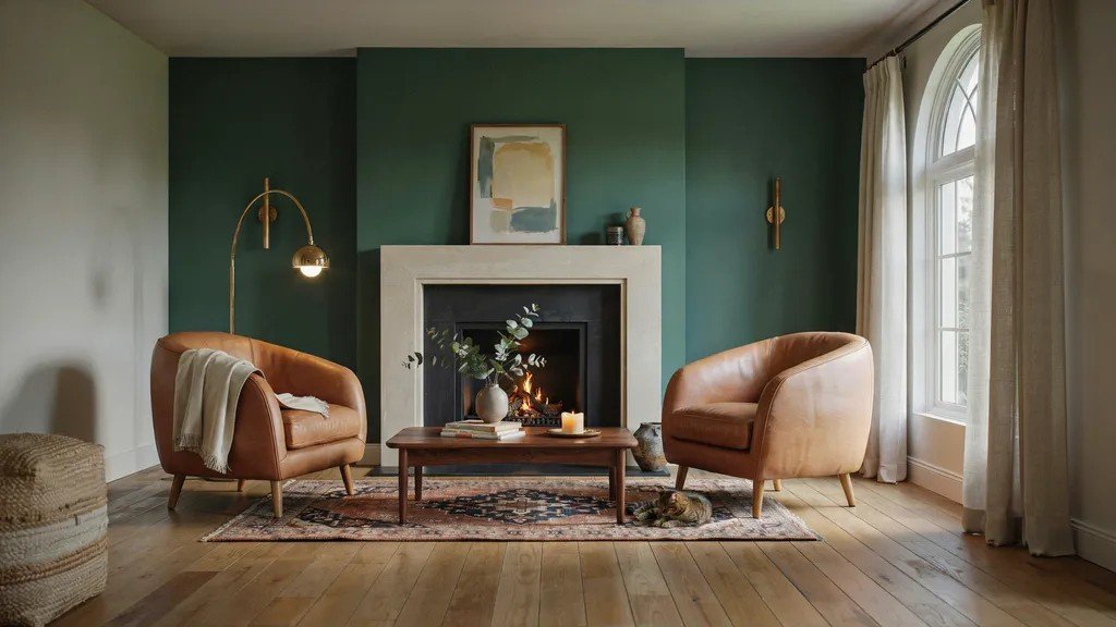 Fireplace accent wall painted in a stylish color, creating a warm and eye-catching living room focal point.