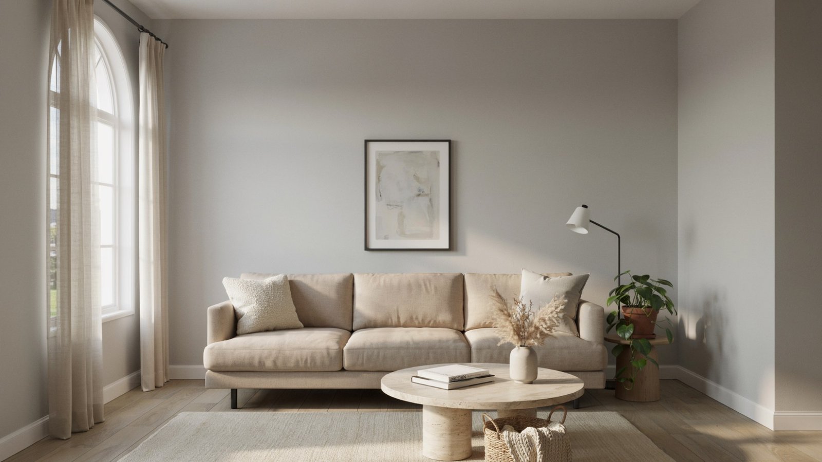 Modern Gray walls paired with light wood flooring.