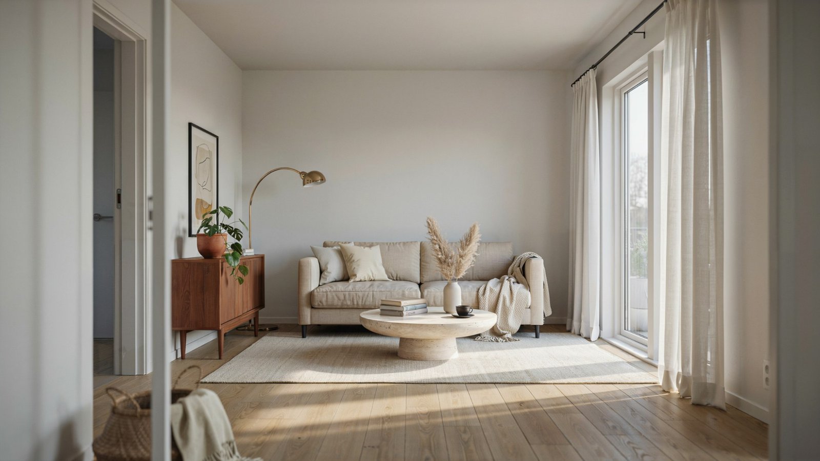 Simply White walls paired with light oak wood flooring in a bright living room.