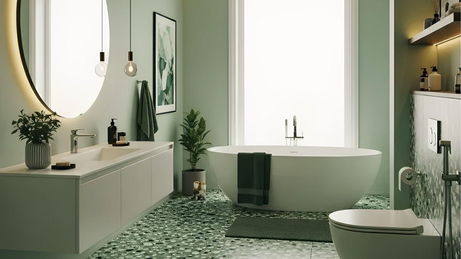 Minimalist green bathroom with white vanity, terrazzo floor, round mirror, and freestanding tub.