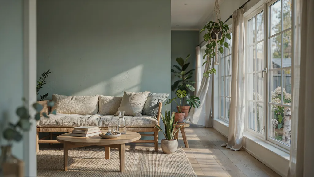 Sunroom with soft sage green walls and lush indoor plants.