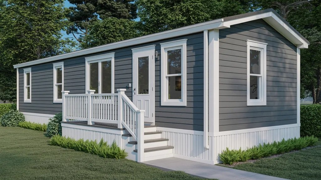 Mobile home exterior in charcoal grey with white trim showing a modern high-contrast paint design.