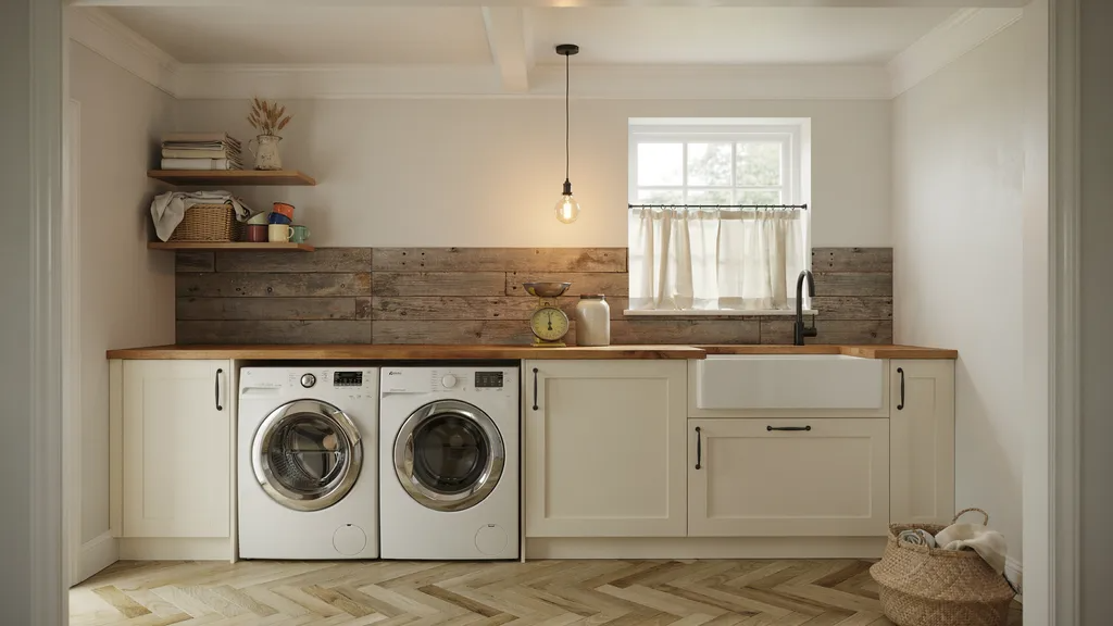 Laundry room with Grecian Ivory walls and farmhouse details