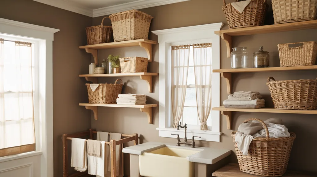 Laundry room featuring warm taupe farmhouse paint color