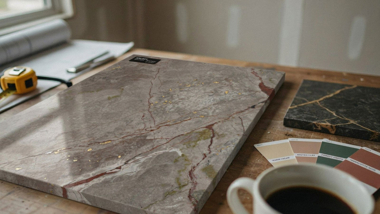 Brown granite samples showing different undertones next to paint color swatches.